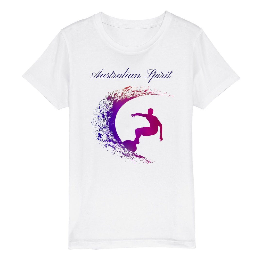 Un T-shirt ESPRIT FRANCAIS avec un dessin de face représentant un surfeur sur une vague multicolore avec noté Australian Spirit .An ESPRIT FRANCAIS t-shirt with a front design representing a surfer on a multicolored wave with an Australian spirit note.